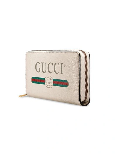 Shop Gucci Print Leather Zip Around Wallet In Neutrals