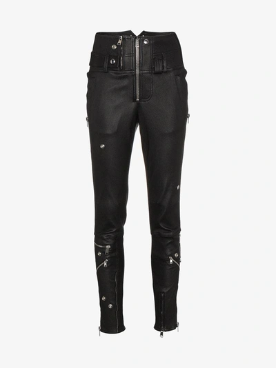 Shop Alexander Mcqueen Leather High Waisted Skinny Trousers With Zip Detail In Black