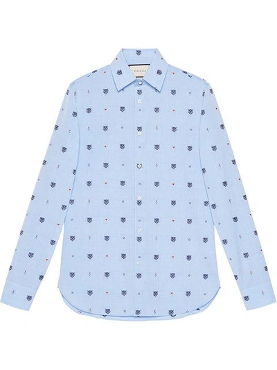 Shop Gucci Feline Head And Symbols Fil Coupé Shirt In Blue