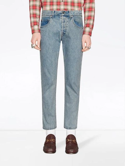 Shop Gucci Denim Tapered Pant With Panther In Blue