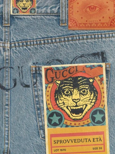 Shop Gucci Denim Tapered Pant With Panther In Blue