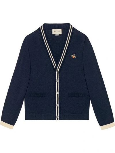 Shop Gucci Cardigan Wool Knit With Bee In Blue
