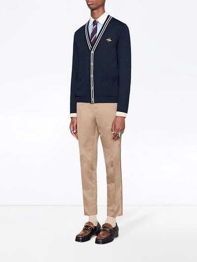 Shop Gucci Cardigan Wool Knit With Bee In Blue