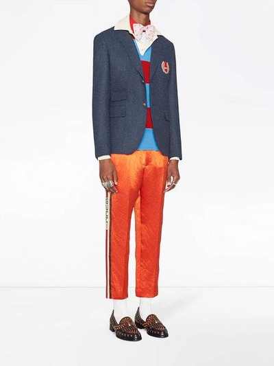 Shop Gucci Striped Polo With Thanatos Embroidery In 4817 Blue Red