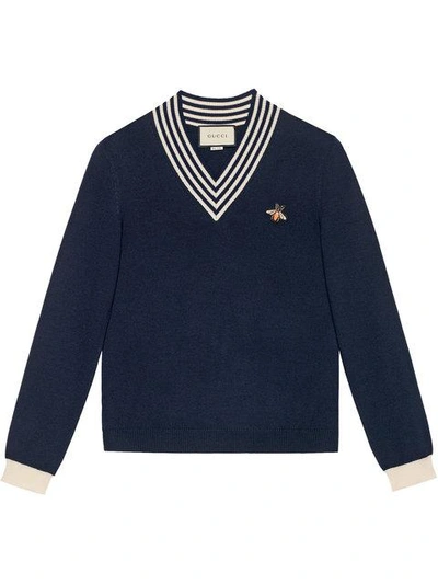 Shop Gucci V-neck Wool Knit With Bee In Blue