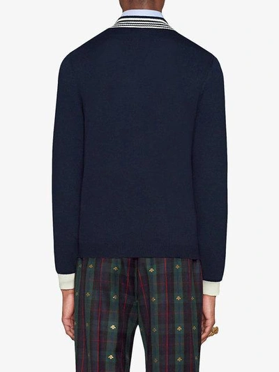 Shop Gucci V-neck Wool Knit With Bee In Blue