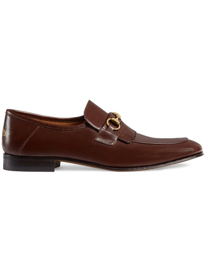 Shop Gucci Leather Fringe Horsebit Loafers - Brown