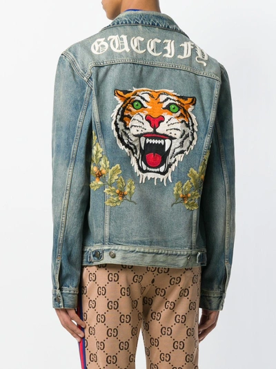 Shop Gucci Tiger-embroidered Denim Jacket