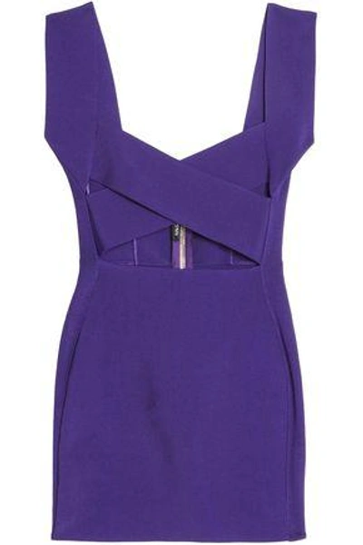 Shop Balmain Woman Cutout Stretch-ponte Mini Dress Violet