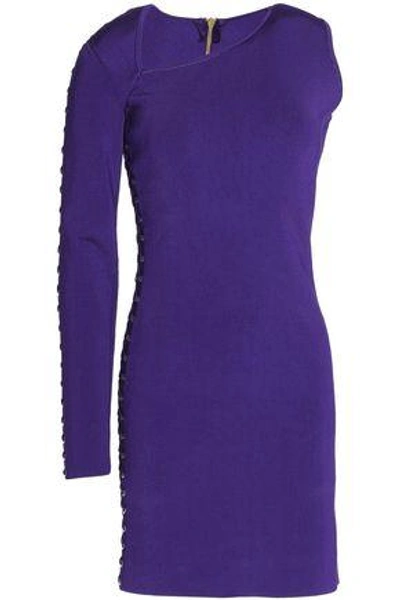 Shop Balmain Woman Asymmetric Lace-up Stretch-knit Mini Dress Purple