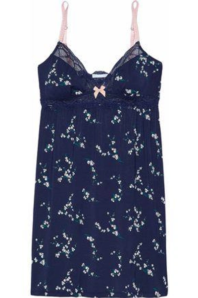 Shop Eberjey Woman Lace-trimmed Printed Modal-blend Chemise Navy
