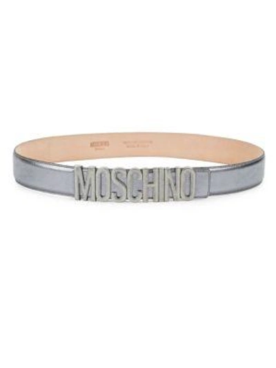 Shop Moschino Metallic Logo Leather Belt In Nickel