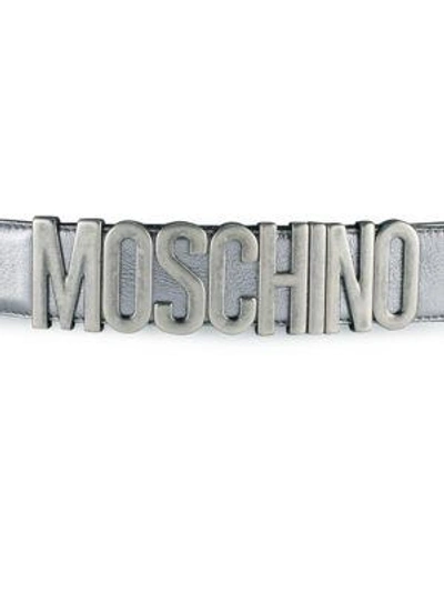 Shop Moschino Metallic Logo Leather Belt In Nickel