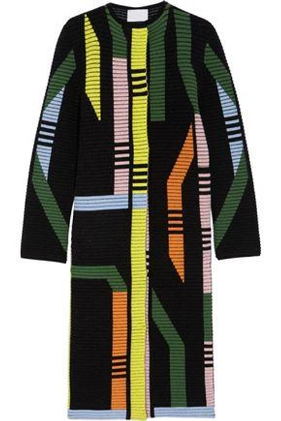 Shop Peter Pilotto Woman Track Ribbed Stretch Wool-blend Coat Black