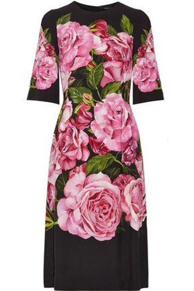 Shop Dolce & Gabbana Floral-print Crepe Dress In Black