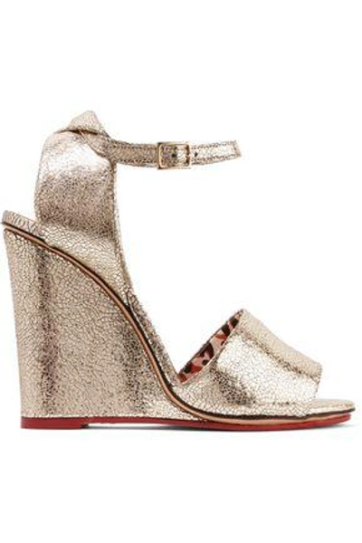 Shop Charlotte Olympia Woman Mischievous Metallic Textured-leather Wedge Sandals Gold