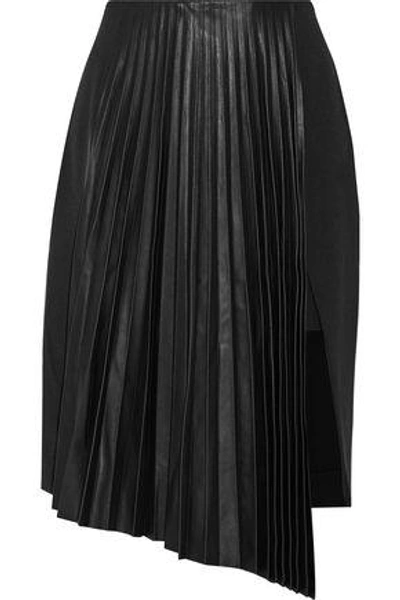 Shop Belstaff Valentina Asymmetric Pleated Leather And Crepe Skirt In Black