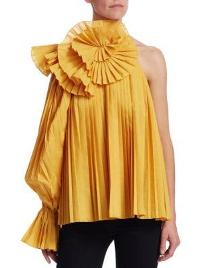 Shop Rosie Assoulin Pleated One-shoulder Escargot Blouse In Golden