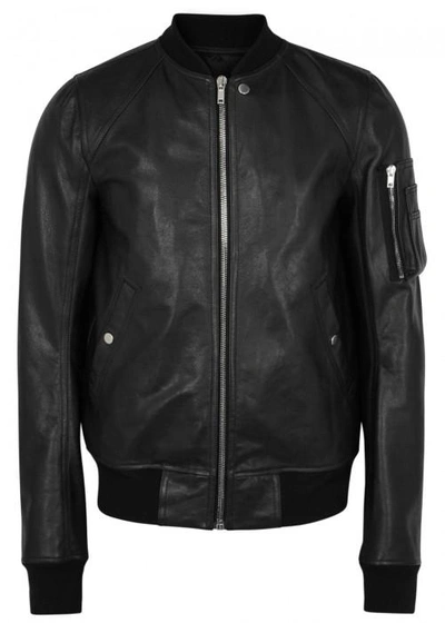 Shop Rick Owens Black Leather Bomber Jacket