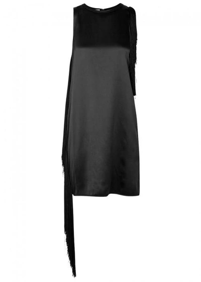 Shop Helmut Lang Black Fringe-trimmed Satin Shift Dress