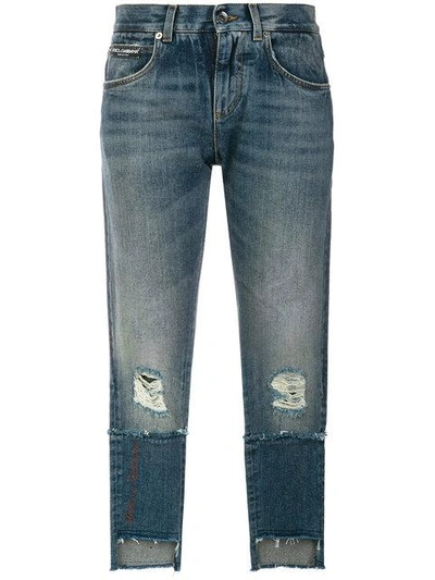 cropped distressed double denim jeans