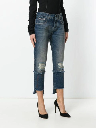 cropped distressed double denim jeans