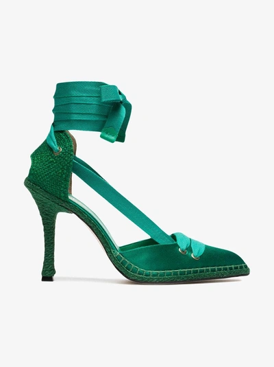 Shop Castaã±er Castañer X Manolo Blahnik Green 100 Satin Espadrille Pumps