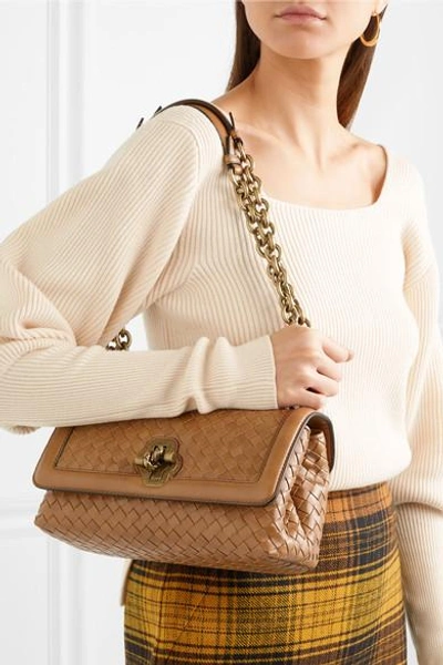 Shop Bottega Veneta Olimpia Knot Intrecciato Leather Shoulder Bag In Camel