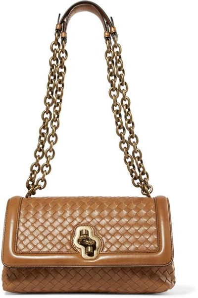 Shop Bottega Veneta Olimpia Knot Intrecciato Leather Shoulder Bag In Camel