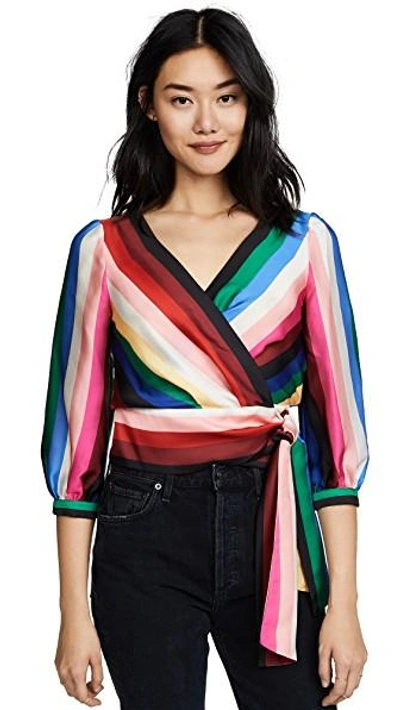 Shop Alice And Olivia Dyanna Wrap Front Blouson Top In Rainbow/stripe