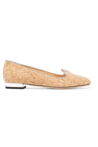 Shop Charlotte Olympia Kitty Embroidered Cork Slippers In Silver