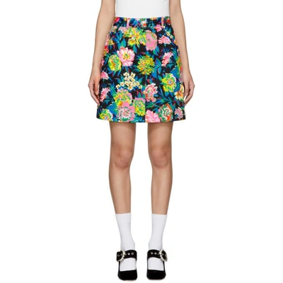 Shop Msgm Multicolor Denim Floral Miniskirt In 99 Black