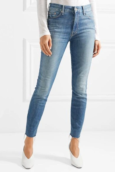 Shop Mother Looker Cropped Frayed High-rise Skinny Jeans In Mid Denim