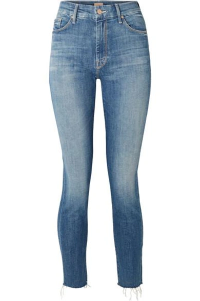 Shop Mother Looker Cropped Frayed High-rise Skinny Jeans In Mid Denim