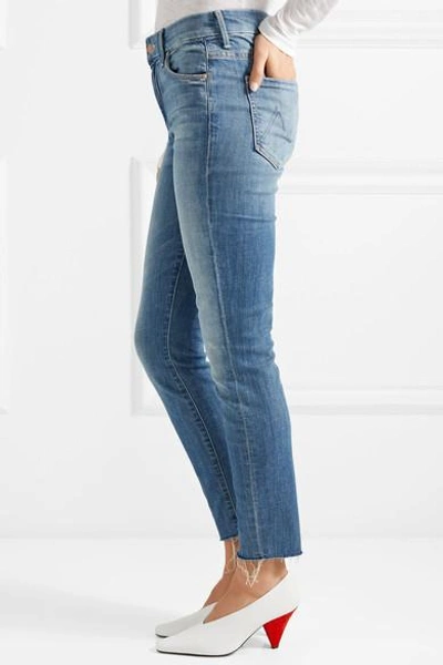 Shop Mother Looker Cropped Frayed High-rise Skinny Jeans In Mid Denim
