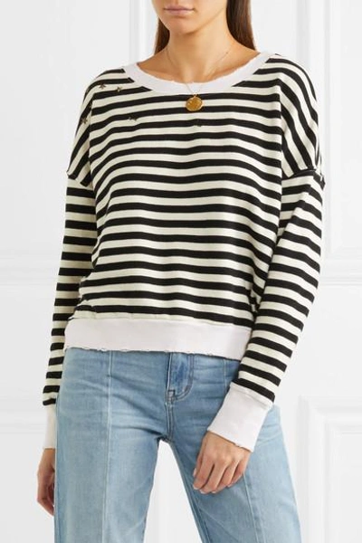 Shop Splendid West Village Embellished Distressed Striped Cotton-blend Jersey Sweatshirt In Black
