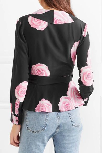 Shop Ganni Ruffled Floral-print Silk Crepe De Chine Wrap Top In Black