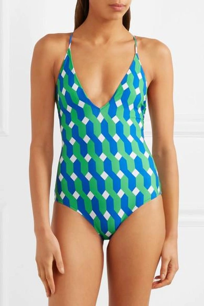 Shop Emma Pake Antonia Lace-up Printed Swimsuit In Turquoise