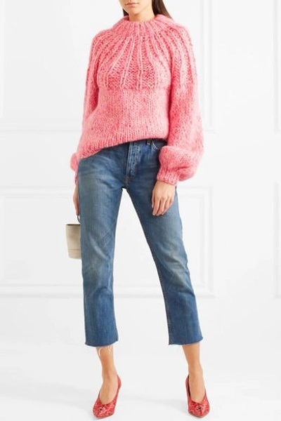 Shop Ganni Julliard Bow-embellished Mohair And Wool-blend Sweater In Pink
