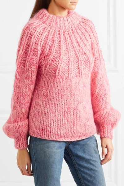 Shop Ganni Julliard Bow-embellished Mohair And Wool-blend Sweater In Pink