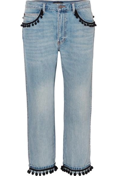 Shop Marc Jacobs Pompom-embellished Slim Boyfriend Jeans In Blue