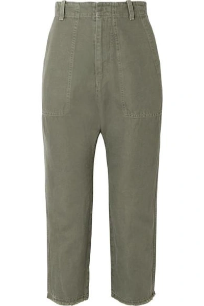 Shop Nili Lotan Luna Cropped Cotton And Linen-blend Twill Pants In Army Green