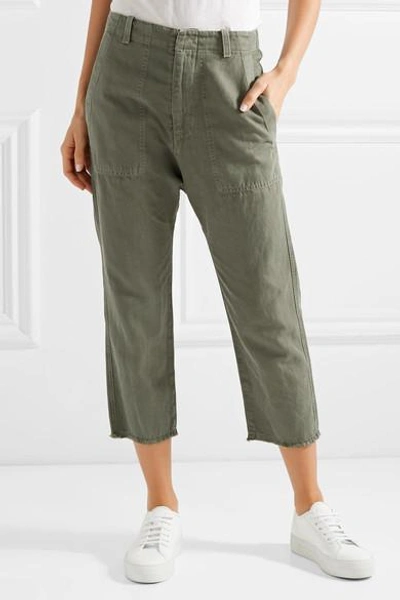 Shop Nili Lotan Luna Cropped Cotton And Linen-blend Twill Pants In Army Green