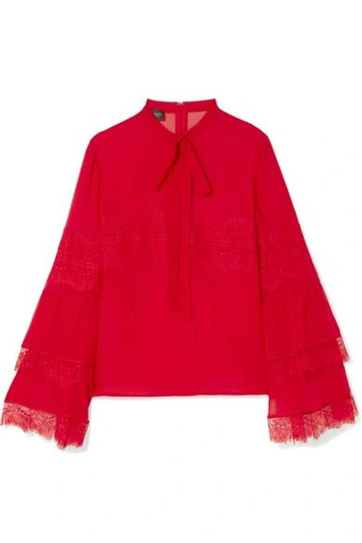 Shop Giambattista Valli Pussy-bow Lace-trimmed Silk-chiffon Blouse In Red