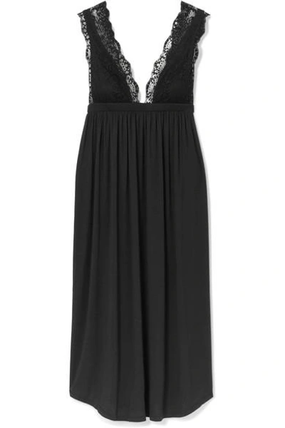 Shop Eberjey Ariza Lace-trimmed Stretch-modal Jersey Nightdress In Black
