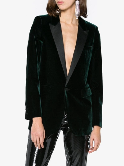 Shop Saint Laurent Velvet Blazer With Satin Trims In Green