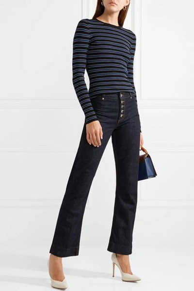 Shop Michael Kors Striped Ribbed-knit Sweater In Black