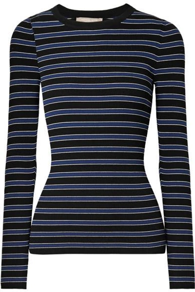 Shop Michael Kors Striped Ribbed-knit Sweater In Black