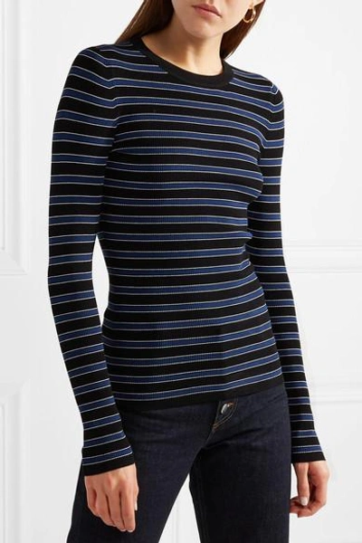 Shop Michael Kors Striped Ribbed-knit Sweater In Black