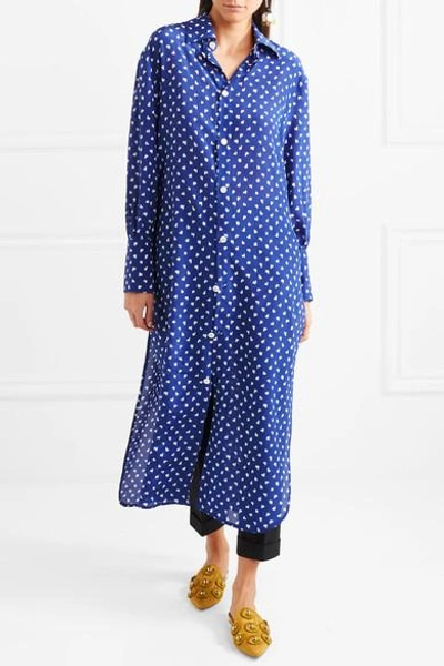 Shop Marni Ruffled Printed Silk Crepe De Chine Blouse In Blue